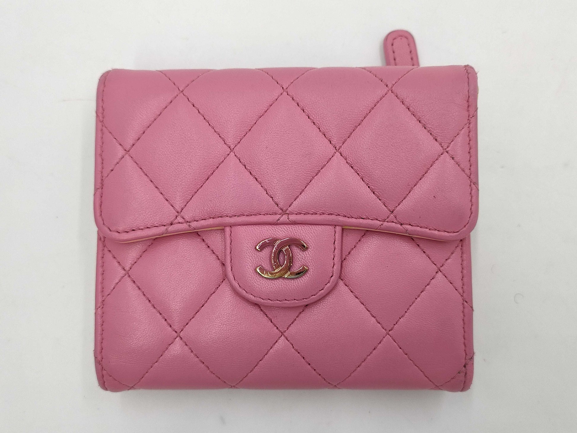 CHANEL Matelasse Compact Wallet with Coco Mark, Pink and Yellow.