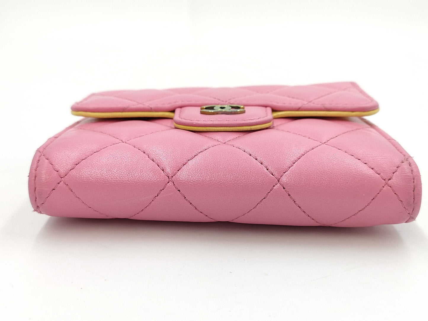 CHANEL Matelasse Compact Wallet with Coco Mark, Pink and Yellow.