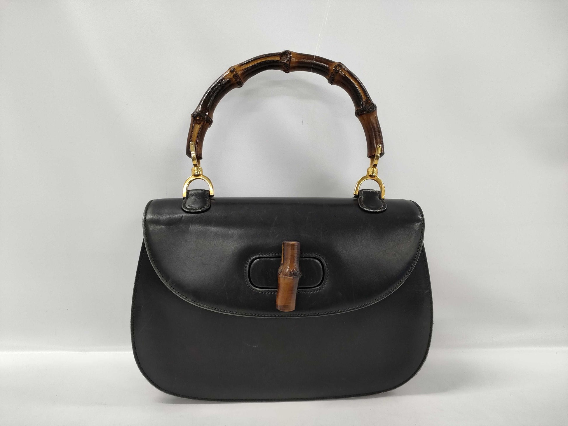 GUCCI Bamboo Leather 000・099・0633 Black Handbag