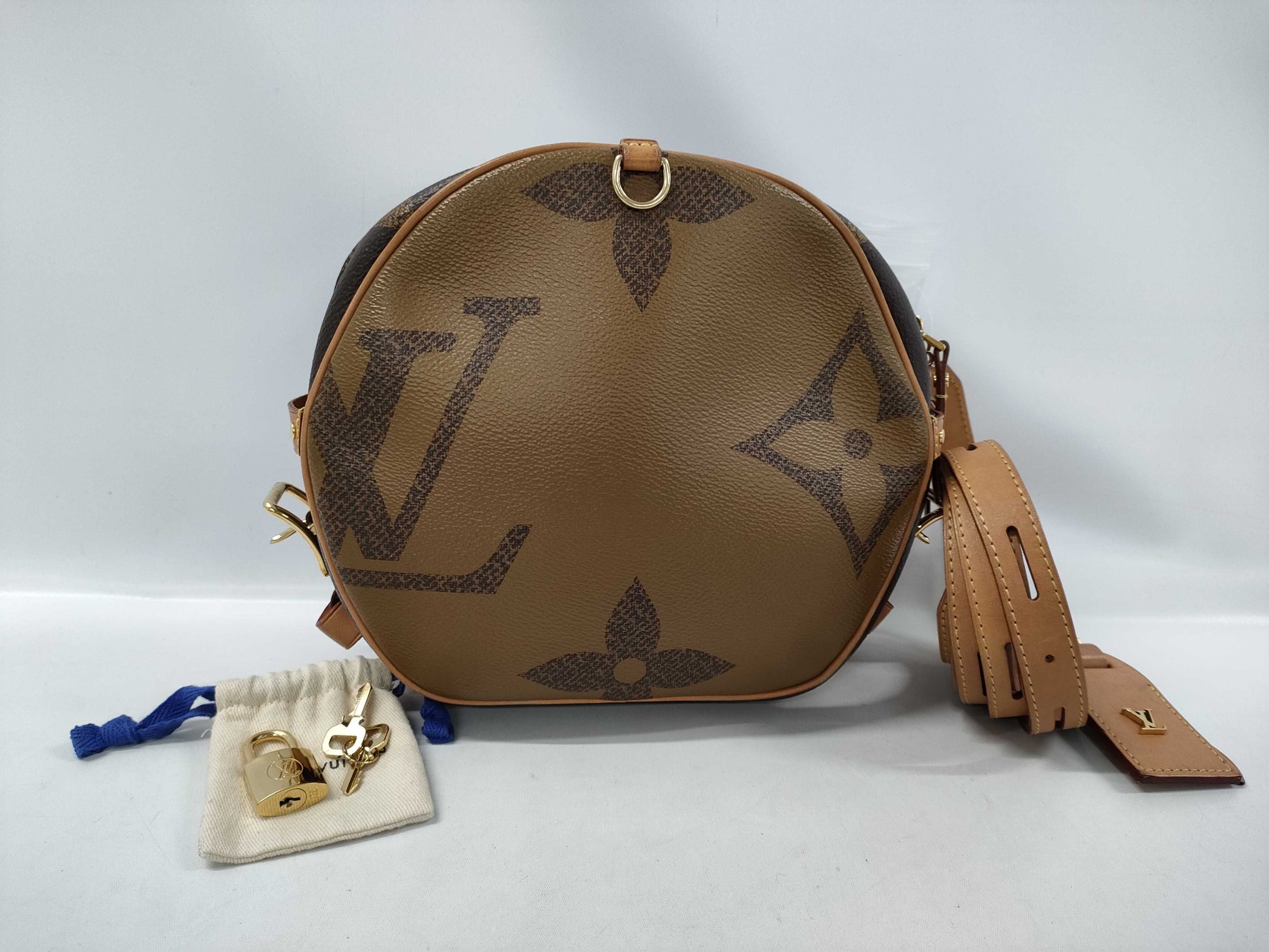 LOUIS VUITTON LV Boite Chapeau Soupe Giant Monogram M44604 Shoulder Bag with Brown Strap, Padlock, Two Keys, Padlock Dust Bag, Name Tag, and IC Chip