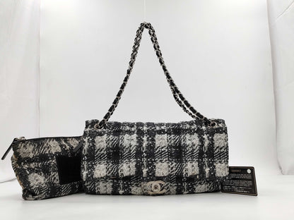CHANEL Tweed Print Nylon Double Chain Shoulder Bag with Pouch
