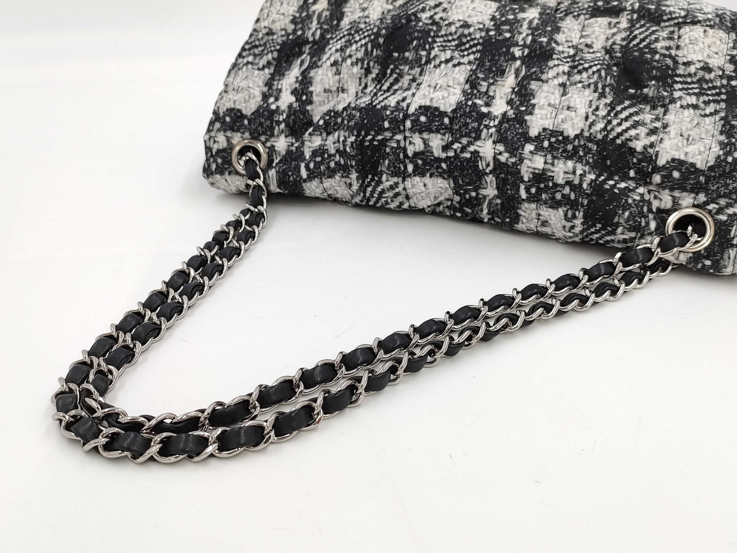CHANEL Tweed Print Nylon Double Chain Shoulder Bag with Pouch