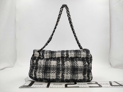CHANEL Tweed Print Nylon Double Chain Shoulder Bag with Pouch
