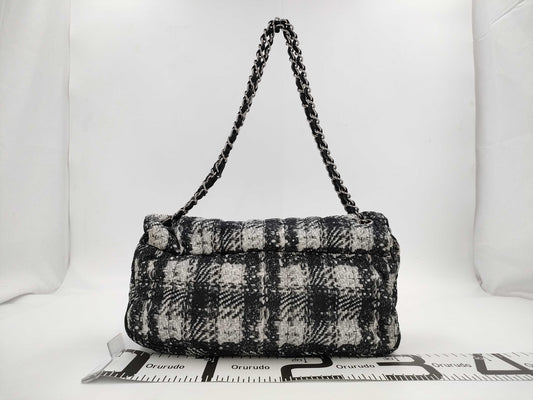 CHANEL Tweed Print Nylon Double Chain Shoulder Bag with Pouch