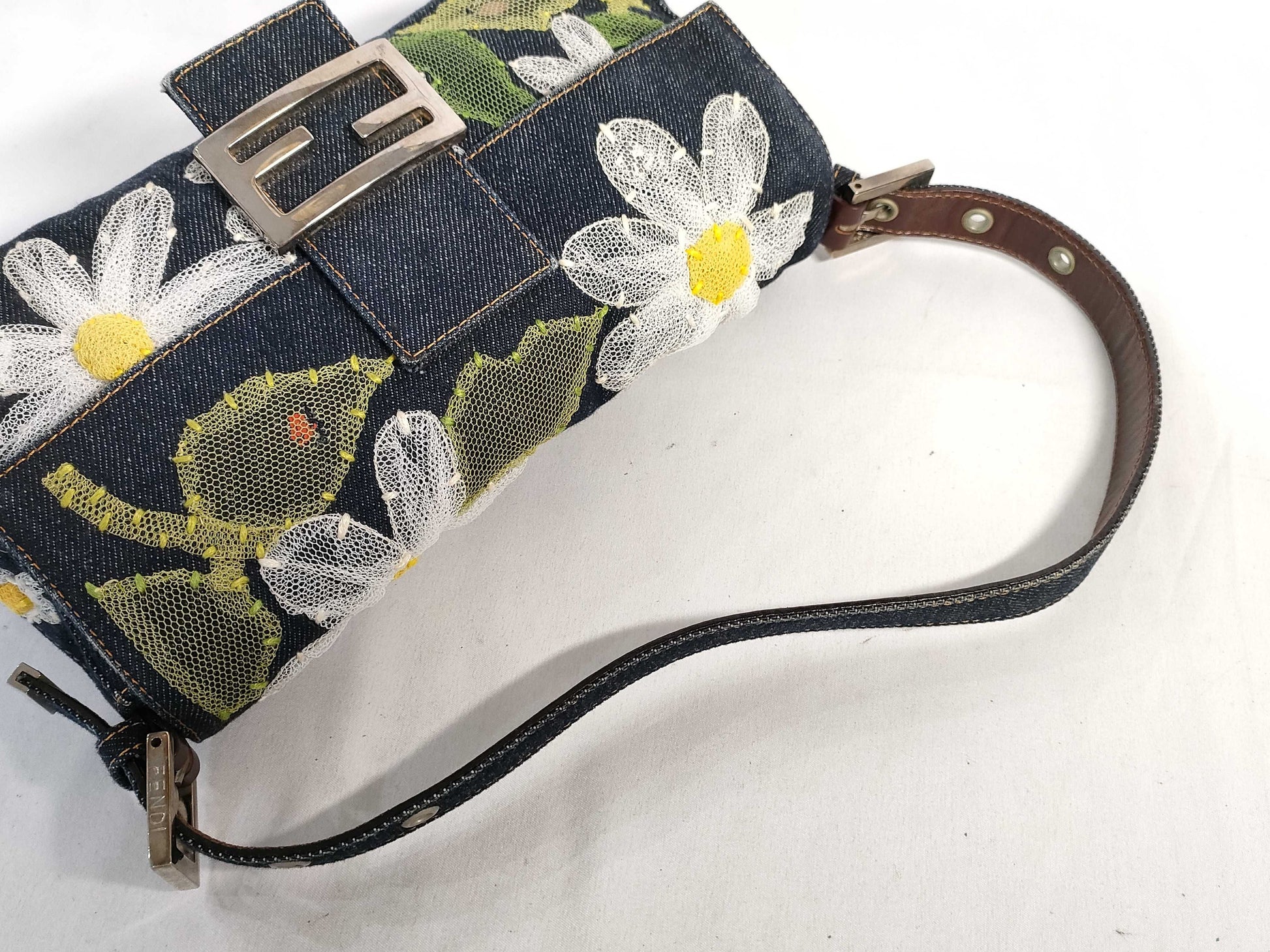 FENDI Mamma Bucket One-Shoulder Bag in Lace and Denim with Floral Embroidery