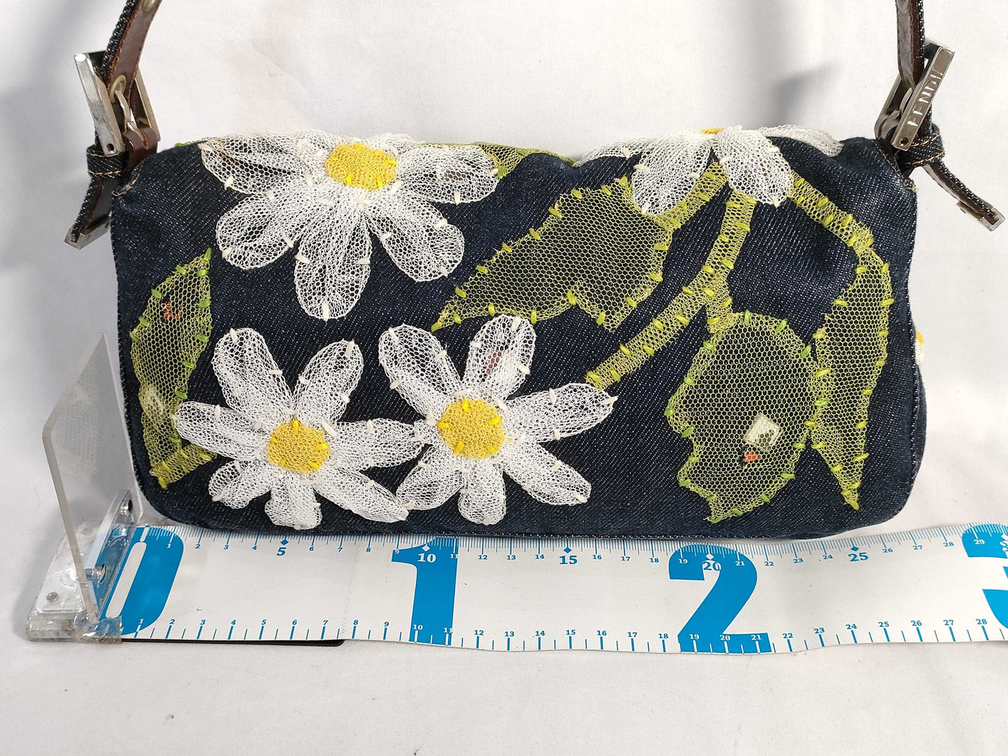 FENDI Mamma Bucket One-Shoulder Bag in Lace and Denim with Floral Embroidery