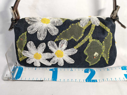 FENDI Mamma Bucket One-Shoulder Bag in Lace and Denim with Floral Embroidery