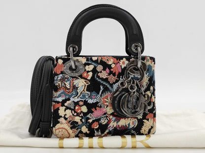 Dior Lady Dior Embroidered Beaded 2-Way Handbag Black Shoulder Bag