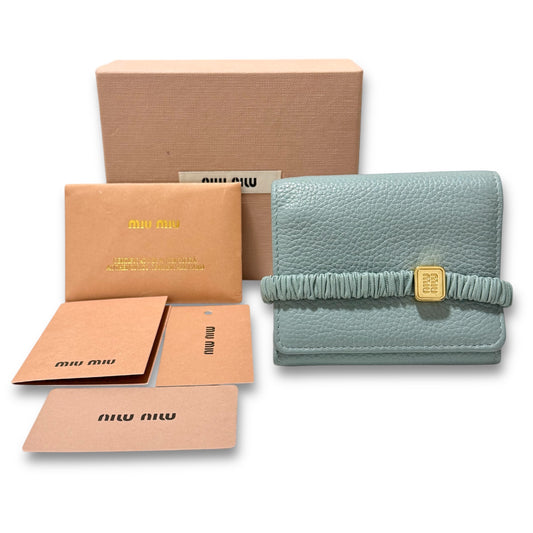 Miu Miu Wallet with Leather Band, Tri-fold Wallet, Light Blue, H9.5 x W10.5 x D2