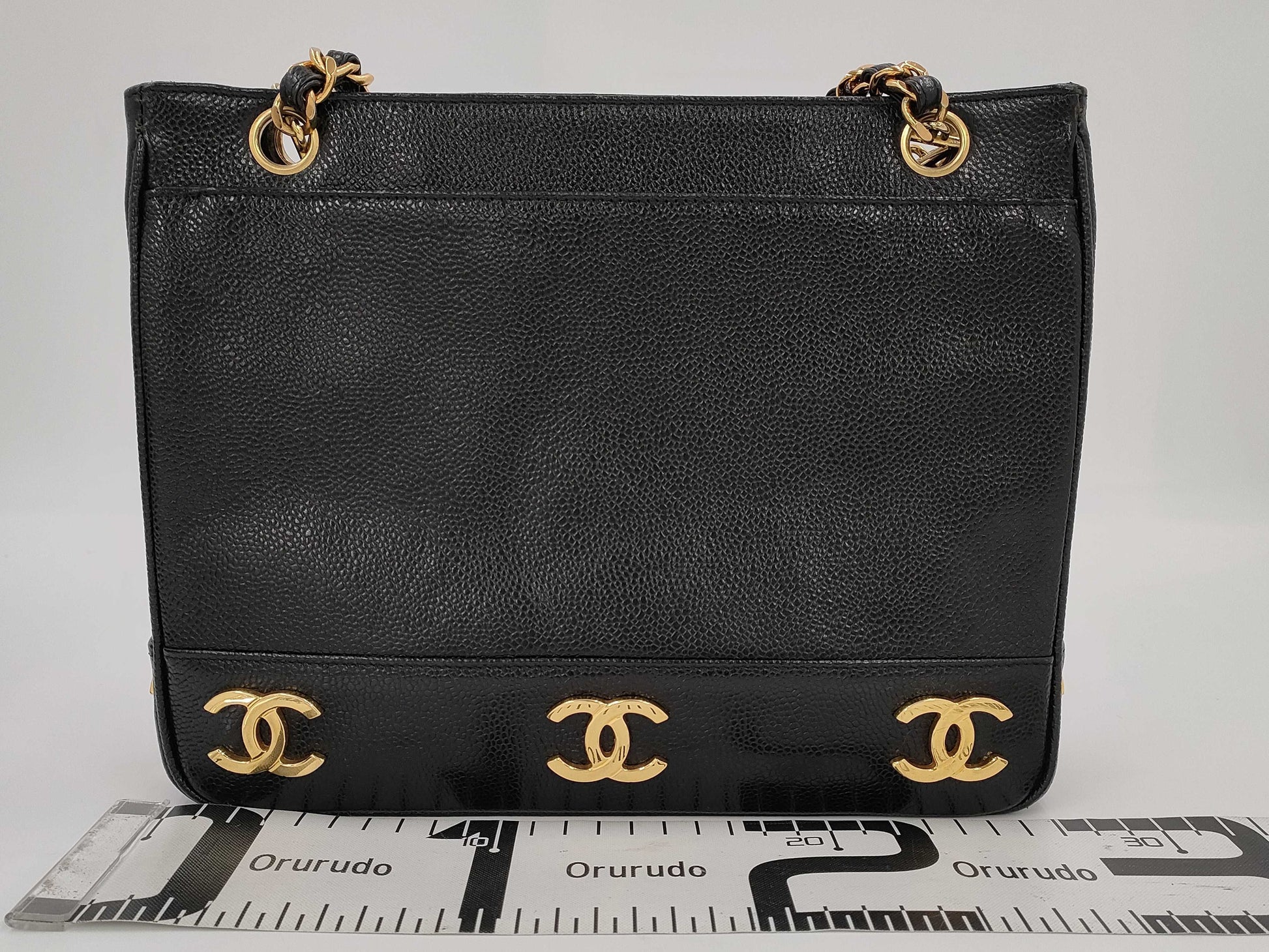CHANEL Caviar Skin Triple Coco Chain Tote Shoulder Bag with Seal