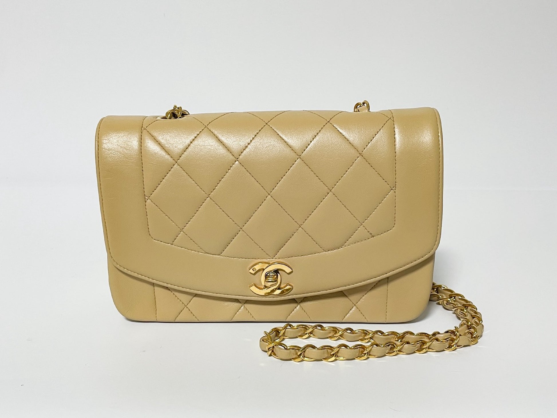 CHANEL Diana Beige Lambskin Matelasse Shoulder Bag with Seal
