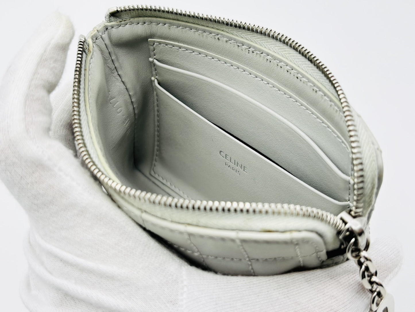 CELINE C Charm Quilted Calfskin Leather Coin Case, Light Grey