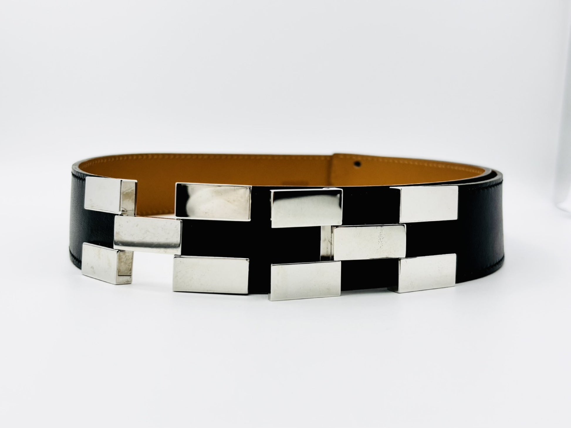 HERMES Leather Belt Size 38 □I Stamp Black x Silver Belt