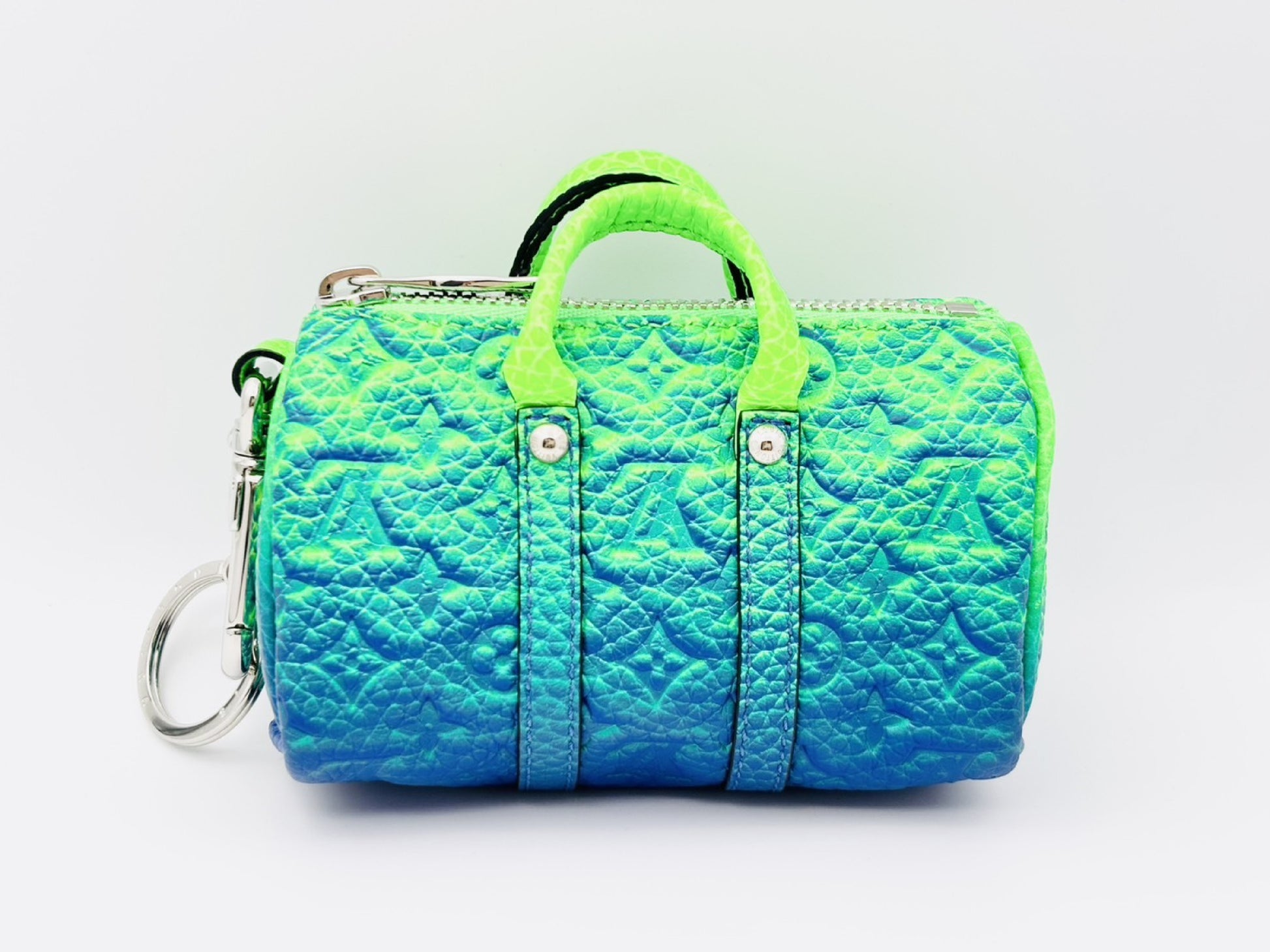 LOUIS VUITTON MP3284 Porte-Clés Mini Keepall Pouch with Charm and Key Ring, Monogram Embossed, Green and Blue, CX1212 Key Case/Key Holder
