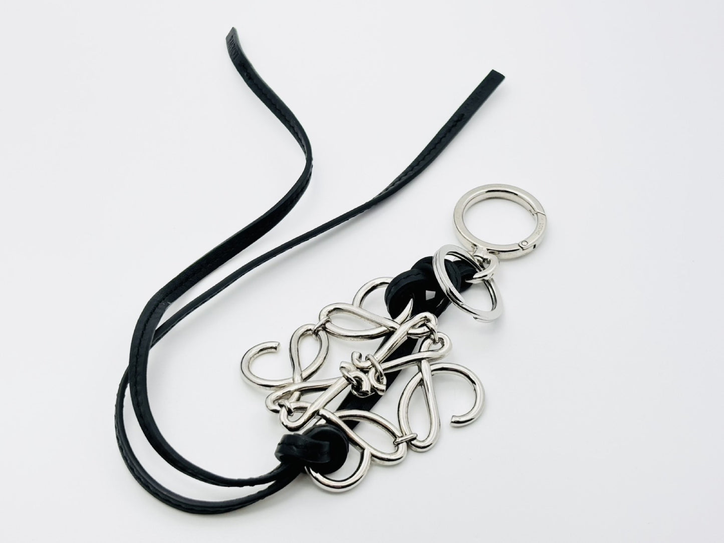 LOEWE Anagram Charm Key Ring, Metal and Leather, Silver and Black, Key Case/Key Holder