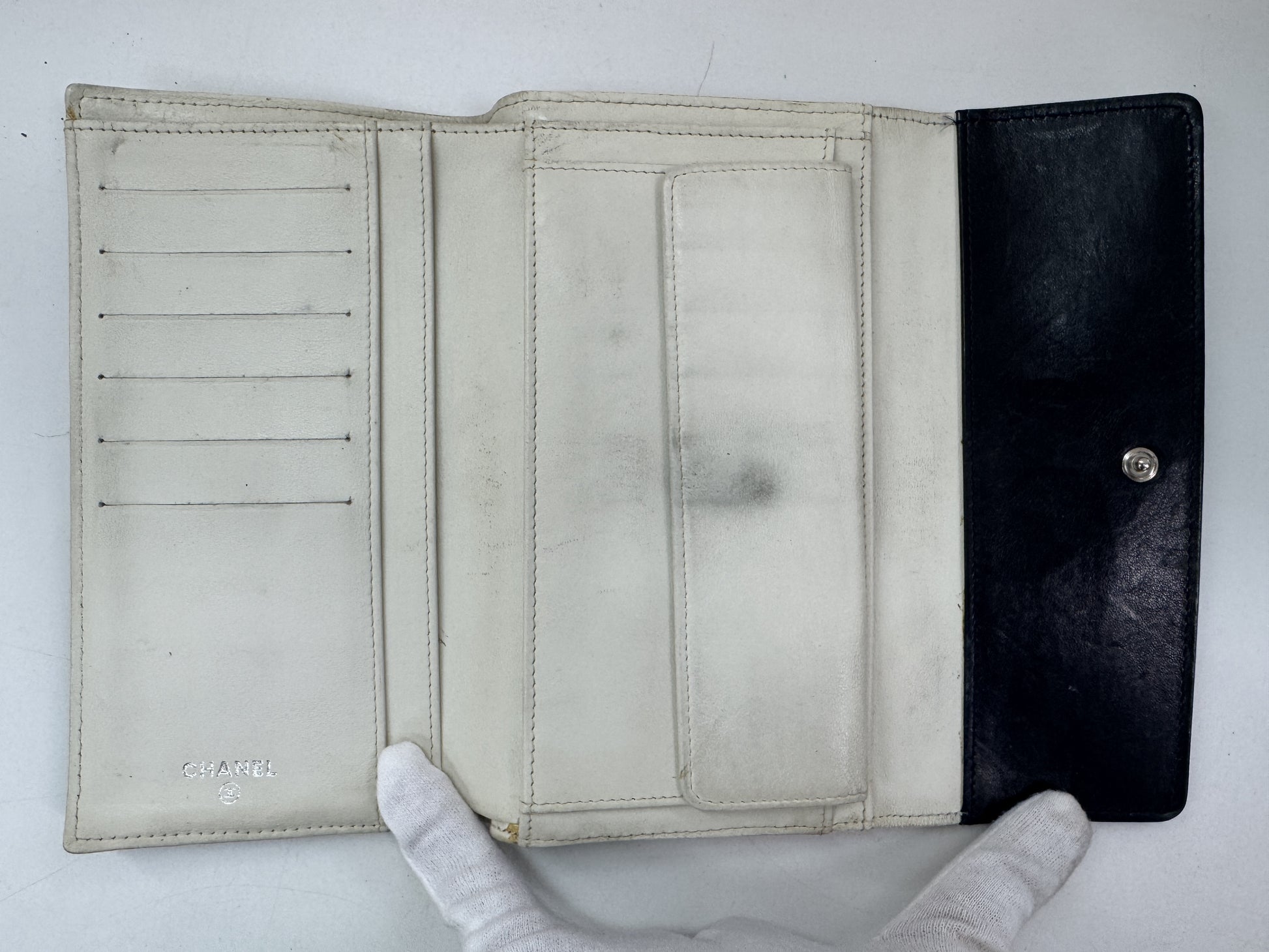 CHANEL Bicolor Caviar Tri-fold Long Wallet