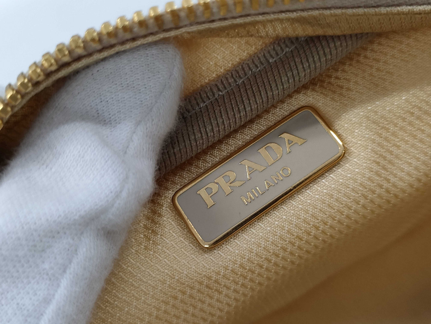 PRADA logo plate pouch, nylon, beige