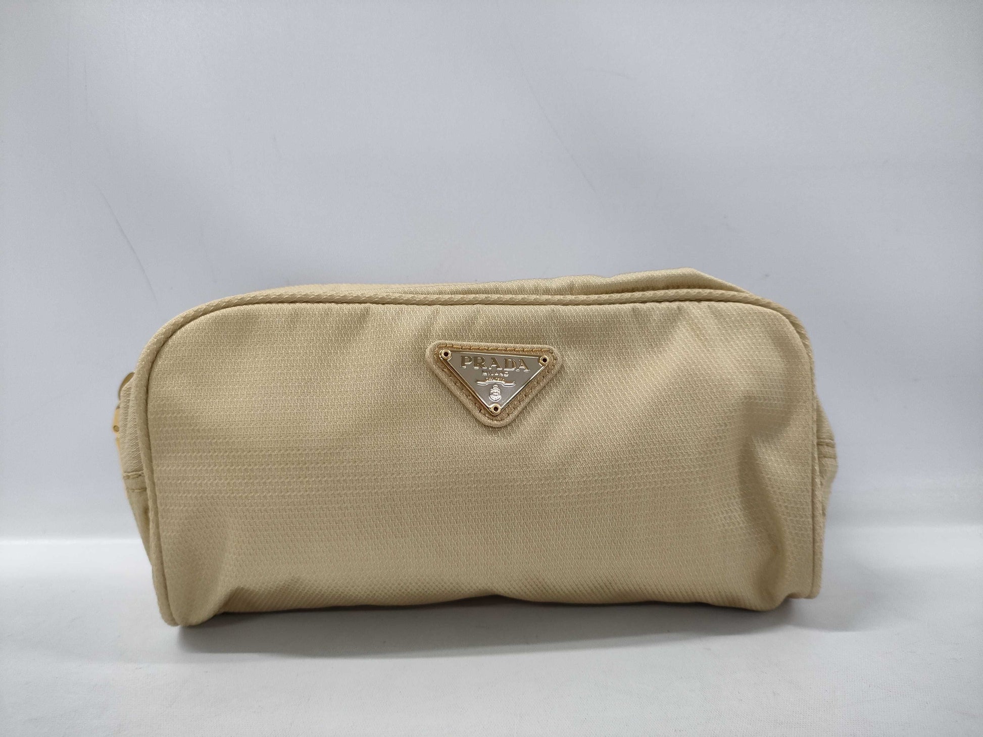PRADA logo plate pouch, nylon, beige