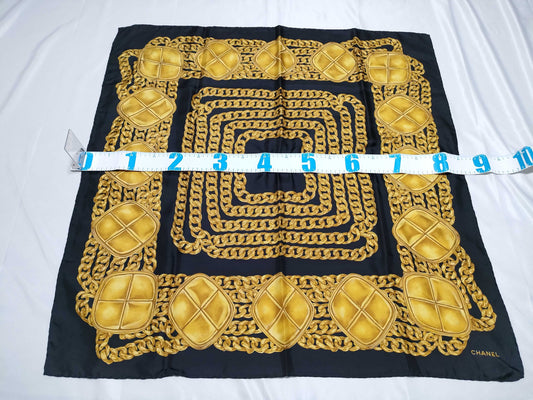 CHANEL Silk Scarf Black x Gold Scarf