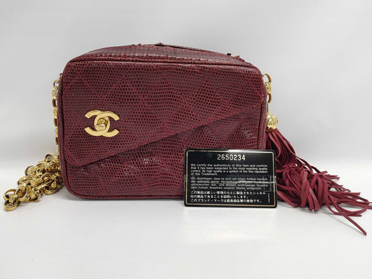 CHANEL Matelasse Lizard Fringe Jeweled Chain Shoulder Bag with Seal Card