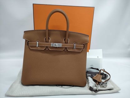 HERMES Birkin 25 Togo Gold Silver Hardware K Stamped Handbag