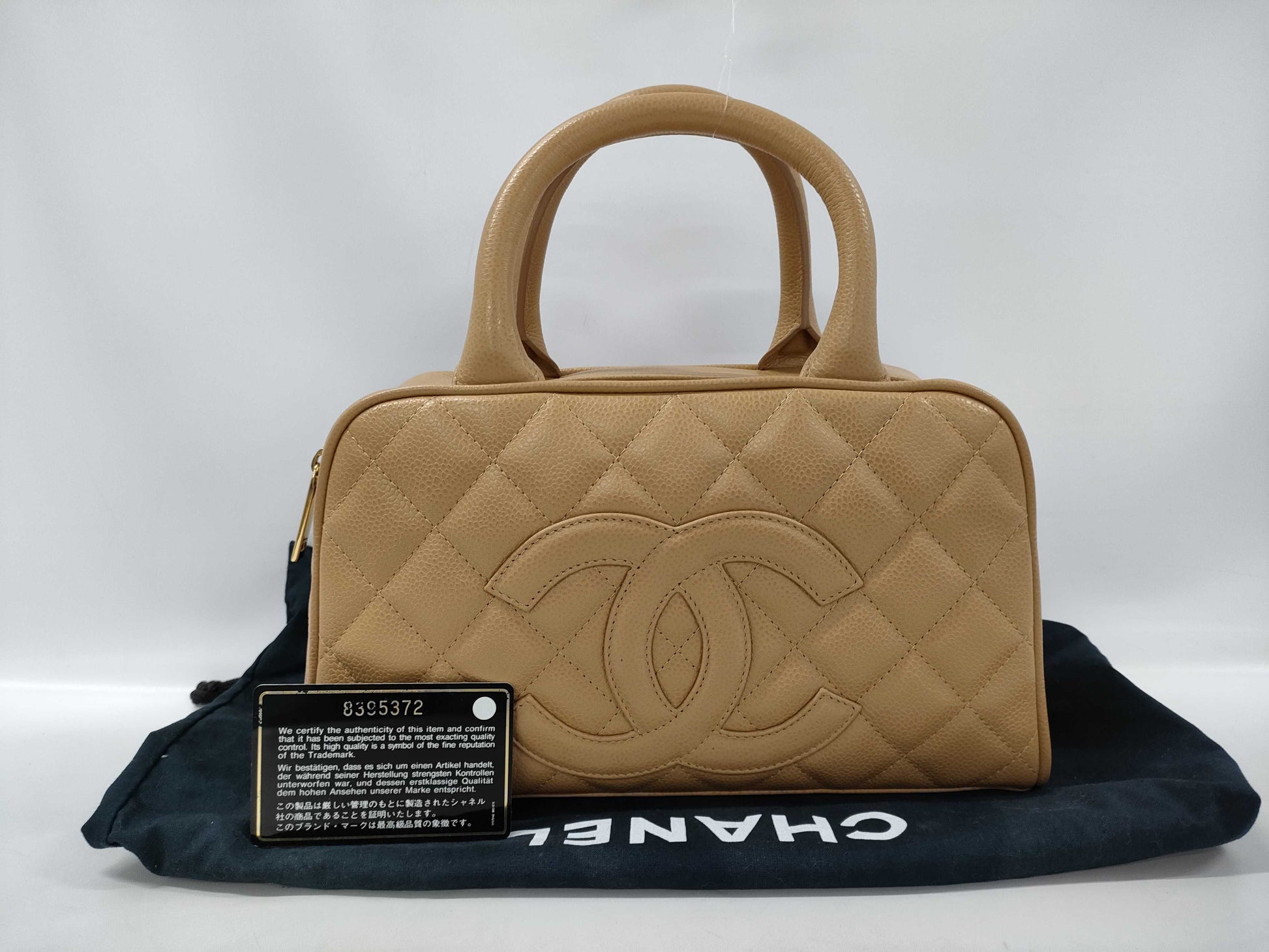 CHANEL Mini Boston Bag A20996 Leather Women's Handbag, Size 8, Caviar Skin, Bowling Pattern, Beige