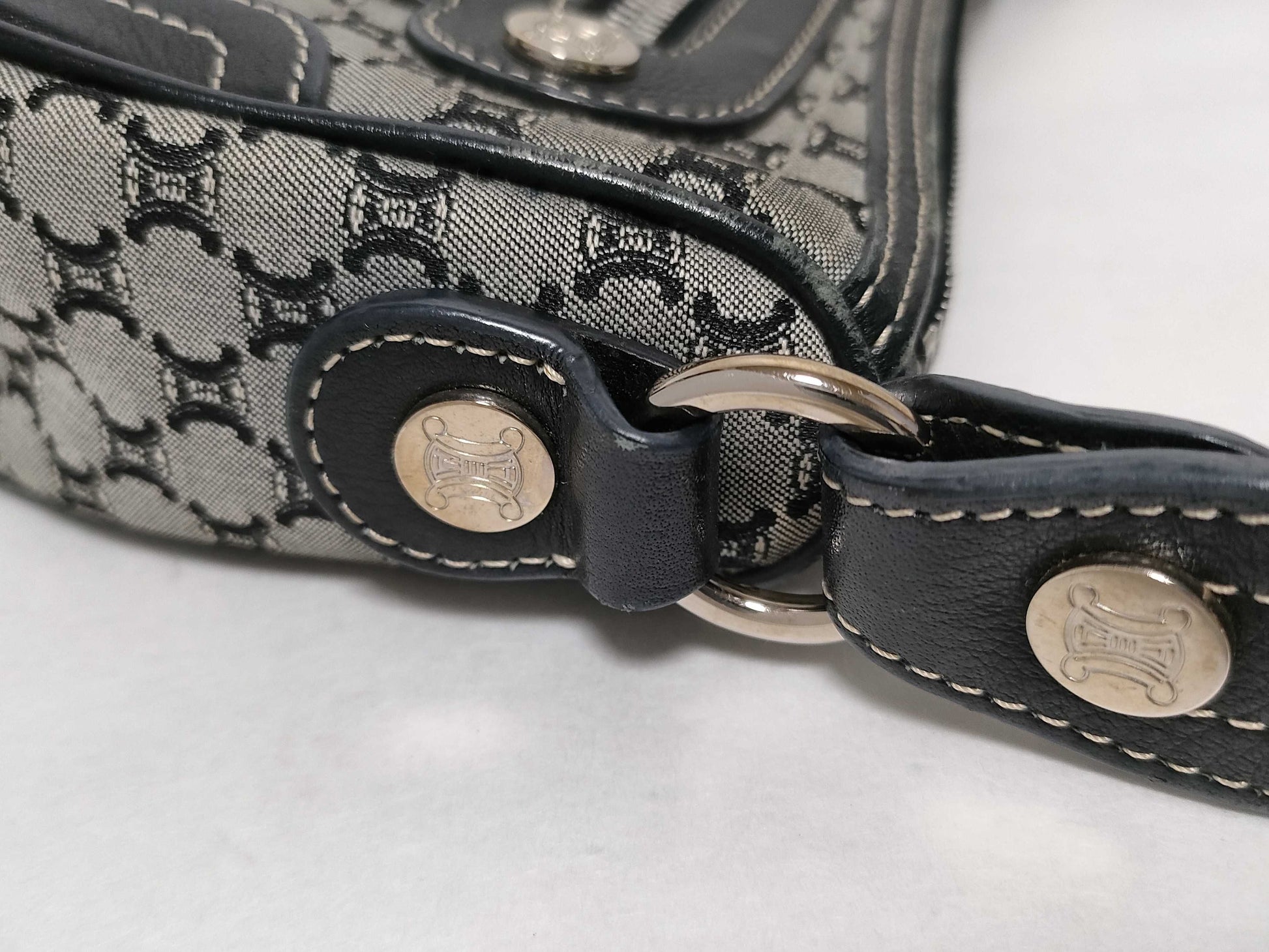 CELINE One-Shoulder Bag, Canvas Shoulder Bag, Women's, Macadam, Gray, Black Leather, Accessory Pouch, Handbag, Shoulder Bag