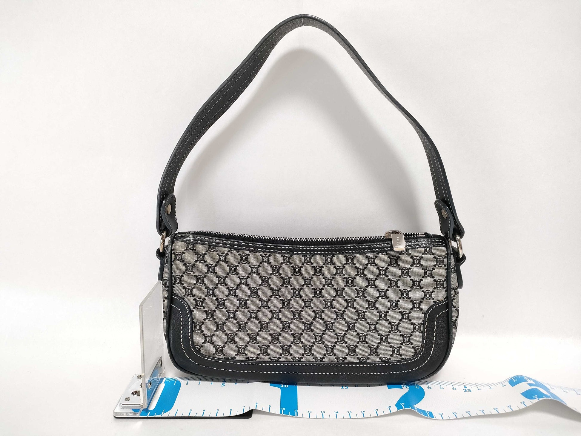 CELINE One-Shoulder Bag, Canvas Shoulder Bag, Women's, Macadam, Gray, Black Leather, Accessory Pouch, Handbag, Shoulder Bag