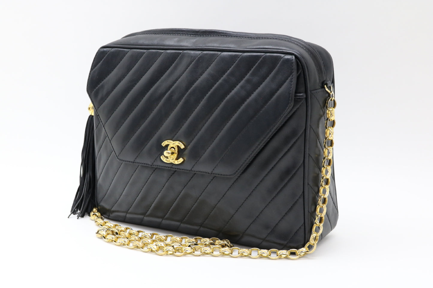 CHANEL Lambskin Diagonal Stitch Turnlock Shoulder Bag