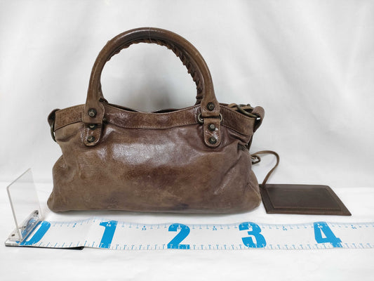 BALENCIAGA City 2-Way Handbag with Long Strap, Brown, Mirrored