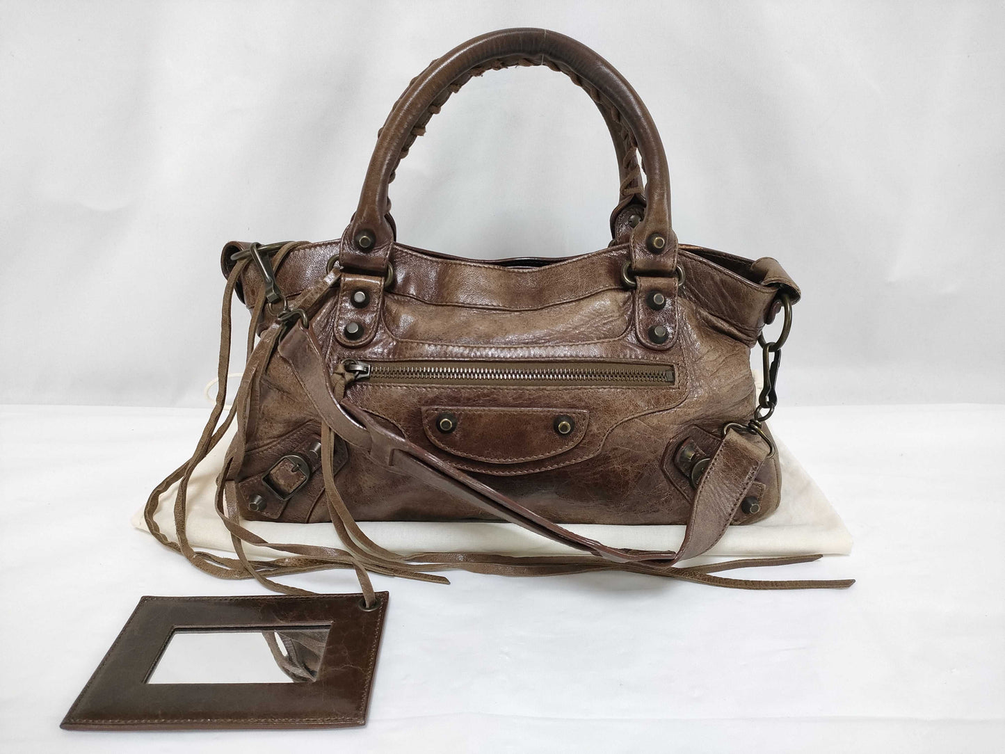BALENCIAGA City 2-Way Handbag with Long Strap, Brown, Mirrored