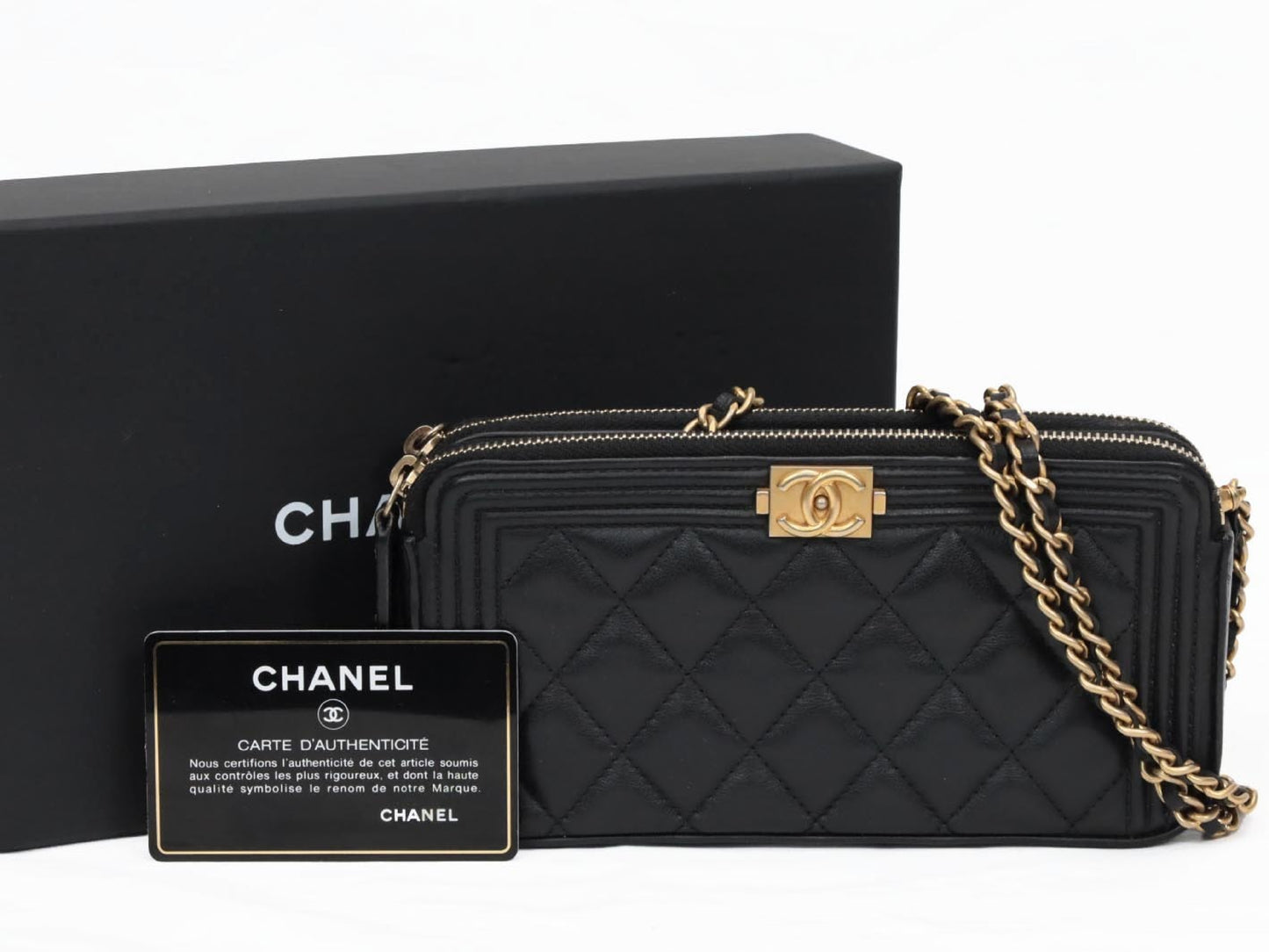 CHANEL Boy Chanel Lambskin Chain Wallet in Black with Gold Hardware, No. 24 Shoulder Bag