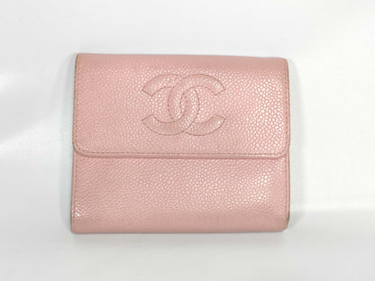 CHANEL Caviar Skin Chanel CHANEL Coco Mark Pink Caviar Skin Leather Trifold Wallet