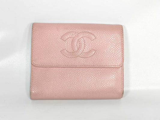 CHANEL Caviar Skin Chanel CHANEL Coco Mark Pink Caviar Skin Leather Trifold Wallet