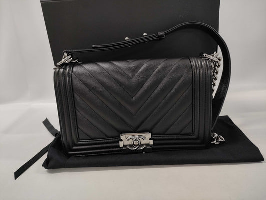 CHANEL Boy Chanel Caviar Skin Chevron Black Shoulder Bag, No. 25, A67086