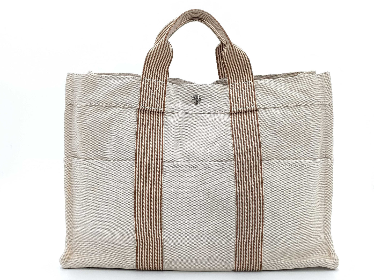 HERMES New Foul Tote MM Foul Tote Tote Handbag Striped Beige Handbag