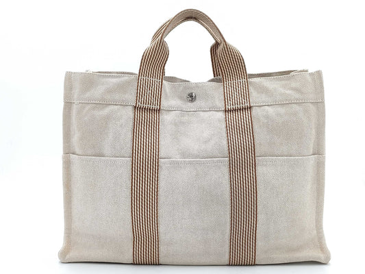 HERMES New Foul Tote MM Foul Tote Tote Handbag Striped Beige Handbag