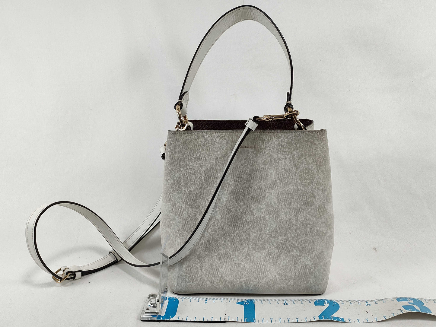 COACH Signature 2-Way Bag, PVC Leather, White, with Strap and Logo Charm, Handbag