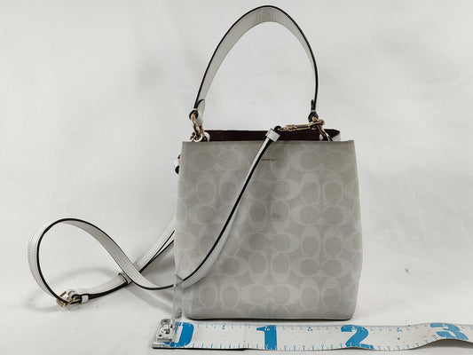 COACH Signature 2-Way Bag, PVC Leather, White, with Strap and Logo Charm, Handbag