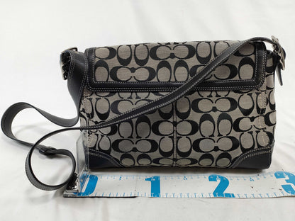 COACH Signature Shoulder Bag in Canvas and Leather with Black Turn Lock and Card and Logo Charm