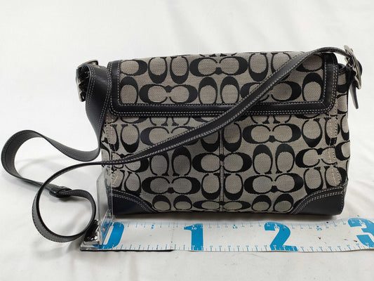 COACH Signature Shoulder Bag in Canvas and Leather with Black Turn Lock and Card and Logo Charm