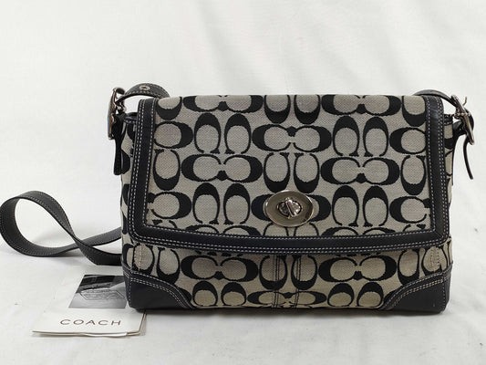 COACH Signature Shoulder Bag in Canvas and Leather with Black Turn Lock and Card and Logo Charm