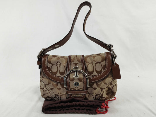 COACH Signature Handbag, Brown Canvas and Leather, with Dust Bag and Logo Charm, Shoulder Bag
