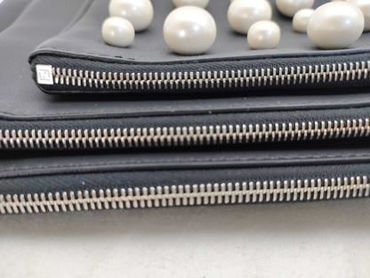 FENDI Triplet Leather Clutch Bag in Black with Faux Pearls