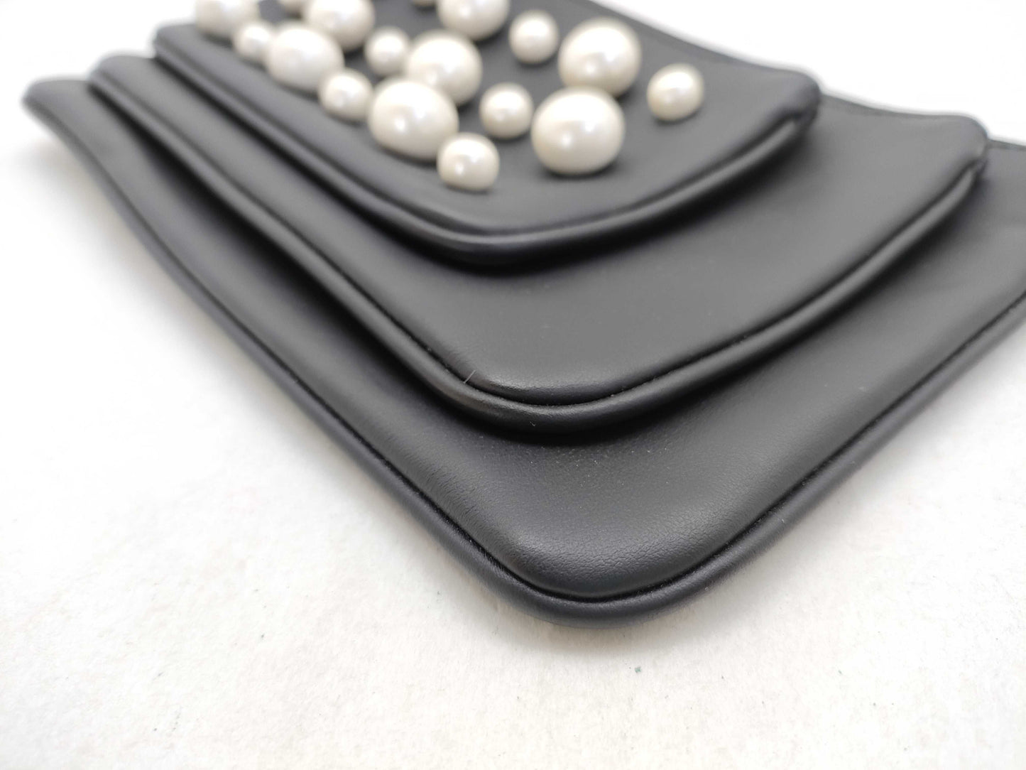 FENDI Triplet Leather Clutch Bag in Black with Faux Pearls