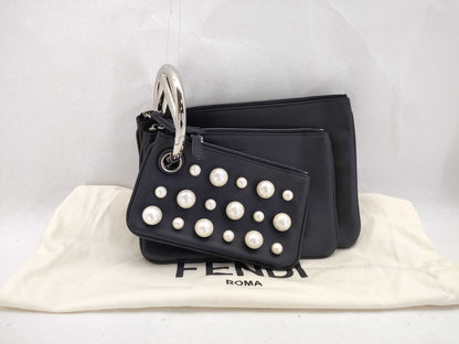 FENDI Triplet Leather Clutch Bag in Black with Faux Pearls