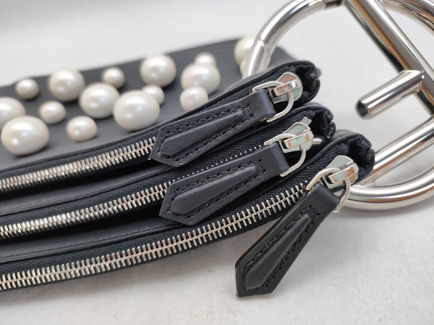 FENDI Triplet Leather Clutch Bag in Black with Faux Pearls