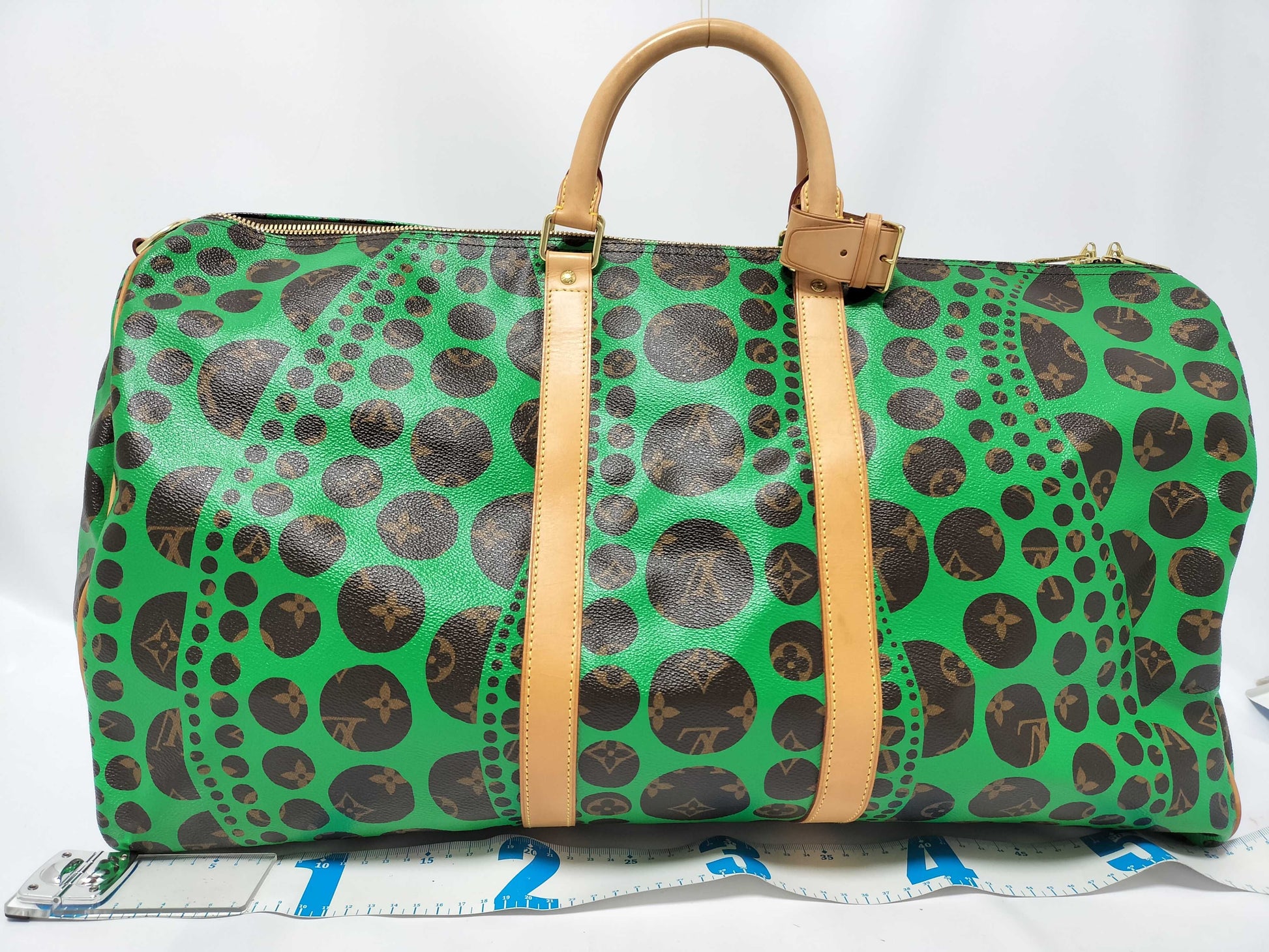 LOUIS VUITTON Green Yayoi Kusama Keepall 55 Boston Bag M40696