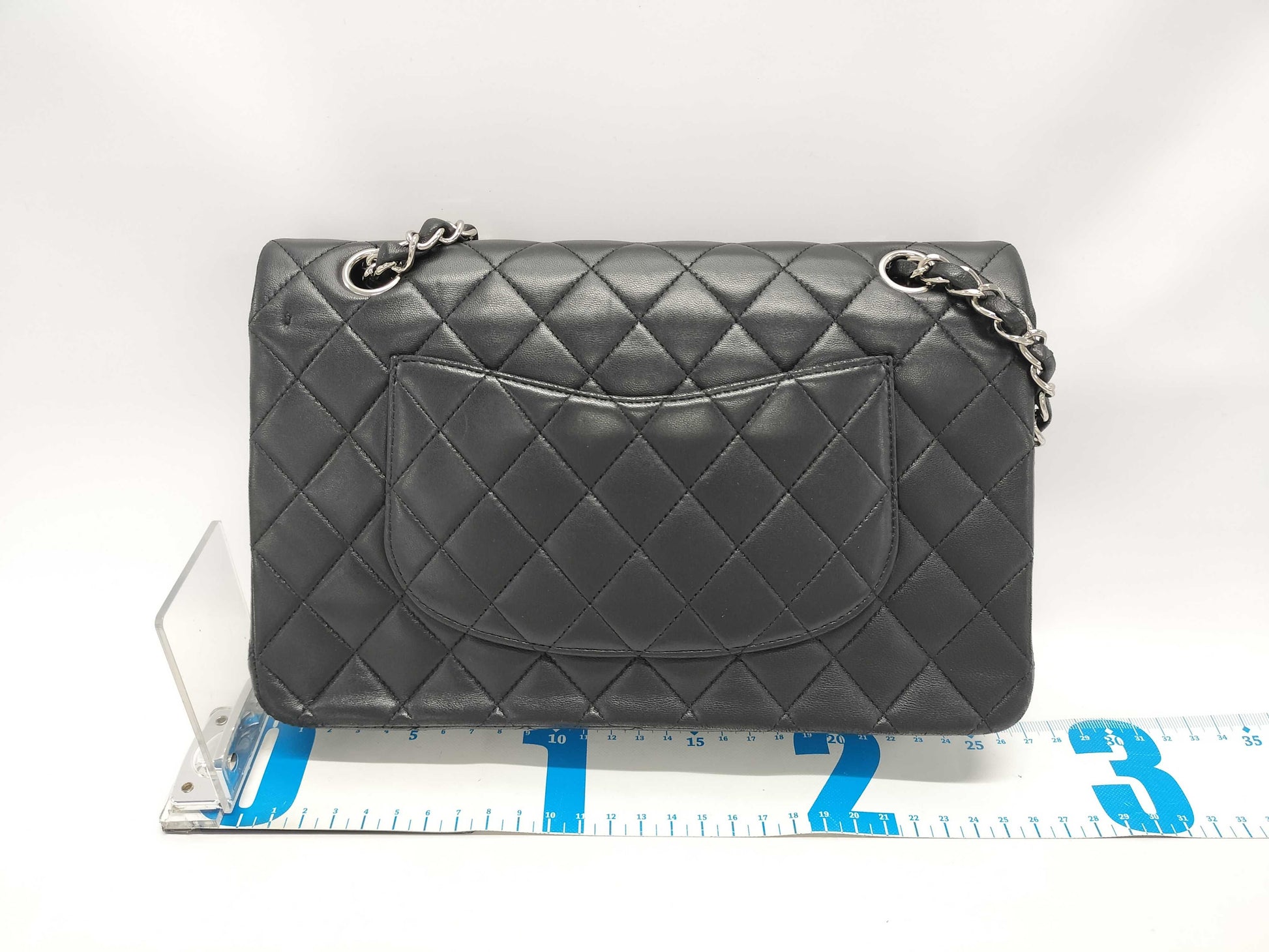 CHANEL Matelasse 25 Black Lambskin Shoulder Bag with Silver Hardware, Chain, Double Flap, Size 13