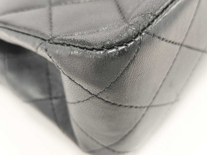 CHANEL Matelasse 25 Black Lambskin Shoulder Bag with Silver Hardware, Chain, Double Flap, Size 13